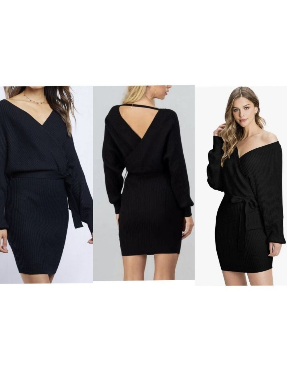 Love Tree Black Surplice Ribbed Sweater Dress